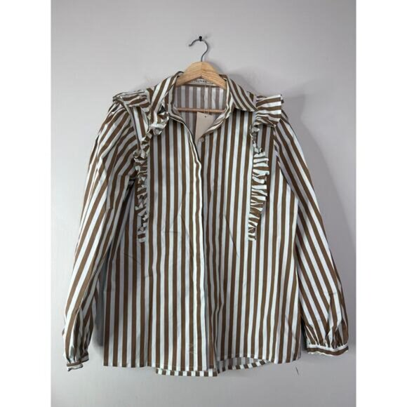NWT The Femm Long Sleeve Brooke Stripe Ruffle Poplin Blouse Top Brown and Cream - Picture 2 of 8